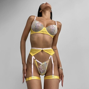 Women's Sexy Yellow Floral Embroidery Lace Lingerie Set With Underwire Bra Garter Belt And Thong Top And Bottom