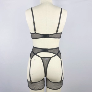 Back view of black mesh lingerie set with underwire bra, garter straps, and thong