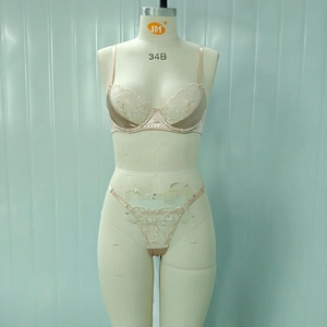 Close-up of champagne floral embroidery lingerie set with mesh bra and lace details