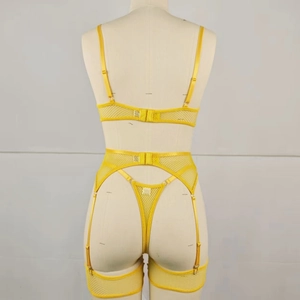 Rear view of yellow mesh lingerie set with underwire bra, garter belt, and thong detailing