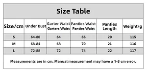 Detailed size guide table for leopard print lingerie set with feathers and garter belt