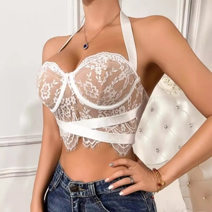 Sexy white lace halter crop top with eyelash trim and decorative cross strap design
