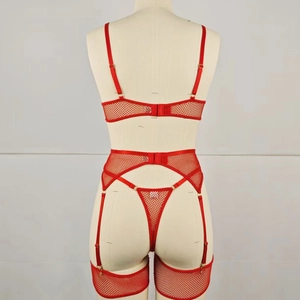 Detailed back view of red mesh lingerie set with garter belt and matching thigh-high socks