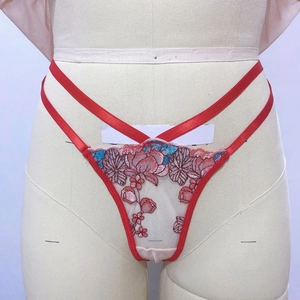 Detailansicht des roten Netz-Strings mit aufwendiger pinker und blauer Blumenstickerei