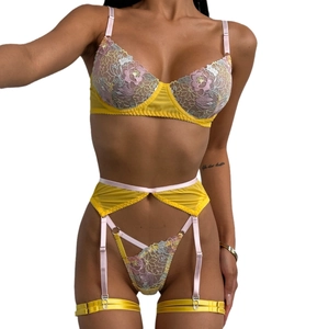 Three-piece sexy lingerie set with colorful floral embroidery and sheer lace design