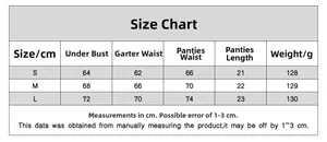 Detailed size chart for yellow floral embroidery lingerie set including S, M, L measurements