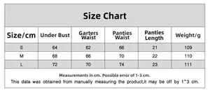 Lingerie size chart for S, M, L showing bust and waist measurements in cm and grams