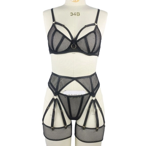 Sexy black mesh four-piece lingerie set with underwire bra and garter belts for women