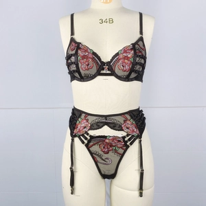 Detail view of semi-transparent black mesh lingerie set with floral embroidery
