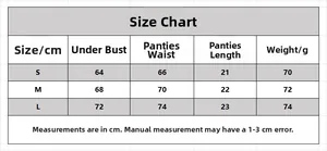 Detailed size guide table for sheer lace lingerie set showing S M L measurements in cm
