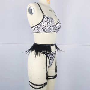 Detail view of leopard print bra and garter belt with elegant black feather trim