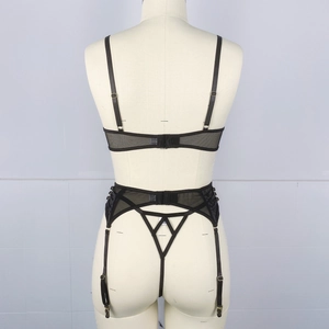 Detail view of black lace mesh lingerie set featuring garter belt and strap adjustments