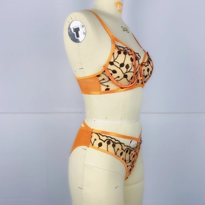 Détail de soutien-gorge en dentelle brodée orange vif avec armatures et culotte en résille