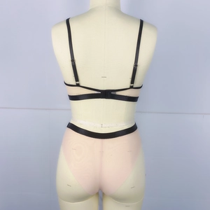Detail view of sheer mesh lingerie set with black trim on mannequin from the back