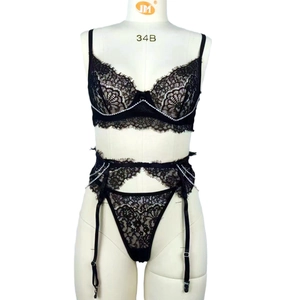 Three-piece black eyelash lace lingerie set with sparkling rhinestone chains on bra and garter