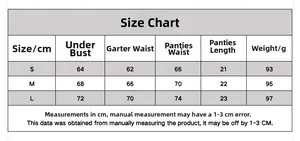 Detailed size chart for sexy embroidered lingerie set including bra and garter belt