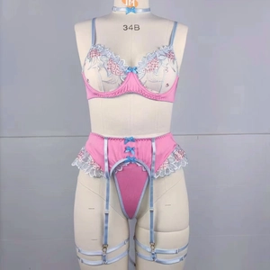 Detail of pink and blue lace lingerie set with floral embroidery and satin bows