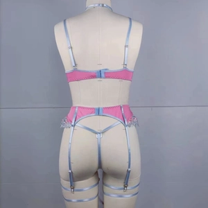 Rear view of pink and light blue lingerie set featuring lace suspenders and strappy details