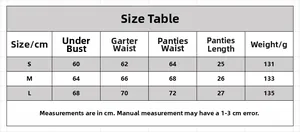 Detailed size chart for black lace lingerie set with measurements for S M L sizes