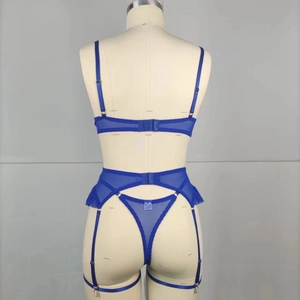 Vue arrière d'un ensemble de lingerie en mesh bleu cobalt avec dentelle et bretelles réglables