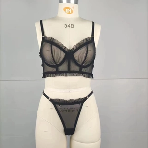 Close-up of black sheer mesh lace lingerie set featuring delicate ruffle edges and texture