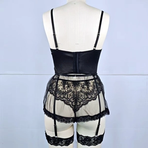 Black lace lingerie set with sheer mesh suspender belt and satin corset top back view