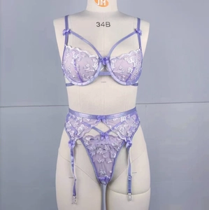 Close-up of purple lace lingerie set featuring detailed white butterfly embroidery