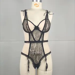 Detailed view of black lace bodysuit featuring ruffle trim and adjustable garter straps