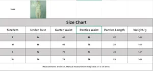 Size chart for white lace lingerie set with measurements for bra, garter and panties