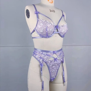 Detail of lavender butterfly embroidery and delicate mesh fabric on the 34B bra set
