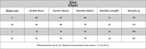 Tabella taglie per set lingerie ultra sottile con misure da S a XL in centimetri