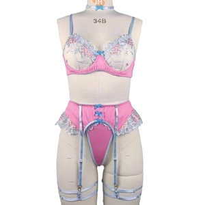 Pink and blue lace lingerie set with floral embroidery and garter belt set