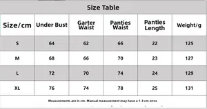 Size chart for lace lingerie set including under bust, garter, and panties measurements