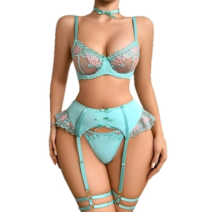 Mint green lace embroidery lingerie set with underwire bra, garter belt, and thong