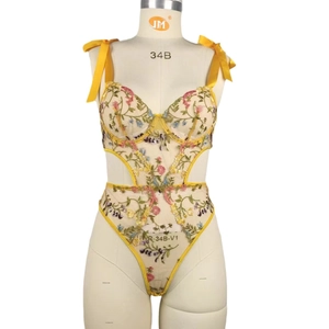 Sexy yellow floral embroidered lace bodysuit with mesh fabric and satin shoulder ribbons