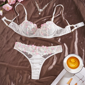 Ensemble De Lingerie En Dentelle Broderie Florale Blanche Soutien-Gorge Armatures Et String Femme Top And Bottom Confortable