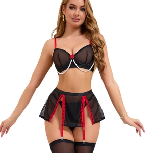 Set lingerie sexy in rete nera con fiocchi rossi, catene di perle e calze autoreggenti