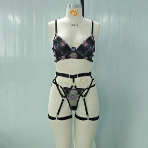 Detail of fireworks floral embroidery on sheer black mesh lingerie set for women