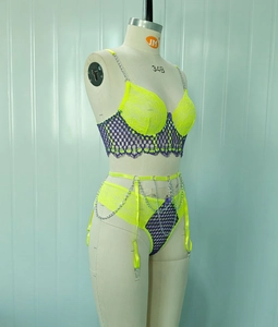Detailed side view of lace lingerie set with metal chains and neon yellow mesh on a mannequin