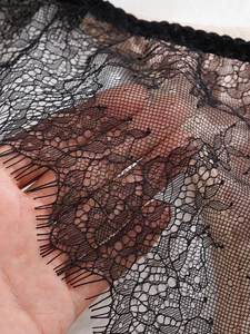 Detailaufnahme von feiner schwarzer Wimpernspitze mit aufwendigem floralem Netzmuster
