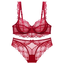 Flat lay of red lace lingerie set with underwired bra and matching sheer lace panties