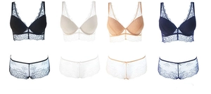 Detailed grid view of lace V-neck push-up bra sets in black, white, beige and navy