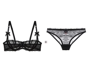 Flat lay of a sexy black lace lingerie set featuring a half-cup bra and matching panties