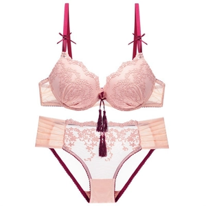 Pink lace lingerie set with floral embroidery and elegant deep red tassels