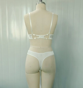 Vue arrière d'un ensemble de lingerie blanc brodé avec soutien-gorge multi-agrafes et string