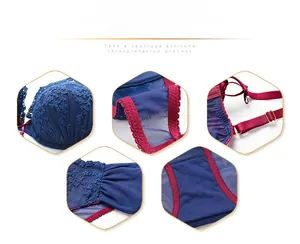 Detail view of deep blue lace bra featuring exquisite floral embroidery and burgundy trim