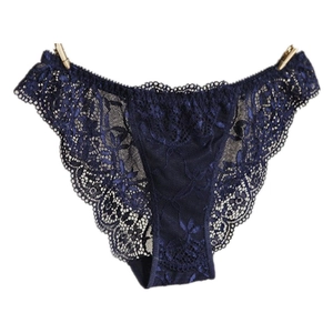 Luxurious dark blue sheer lace panties for women with elegant floral patterns and scalloped edges