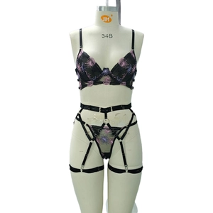 Sexy black lace lingerie set with fireworks floral embroidery on sheer mesh fabric