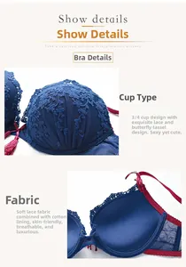 Detail of dark blue lace bra with red straps and tassel decoration on 3/4 cups