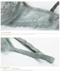 Macro view of light green lace bra side wings with boning and embossed straps